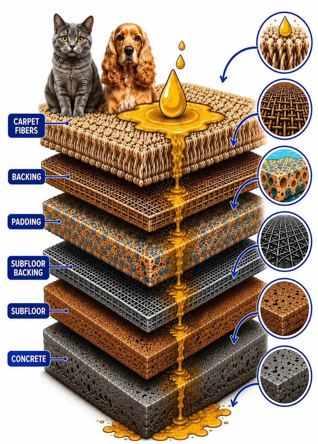 Diagram showing pets above carpet while liquid passes through carpet fibers, backing, padding, subfloor backing, subfloor, and concrete