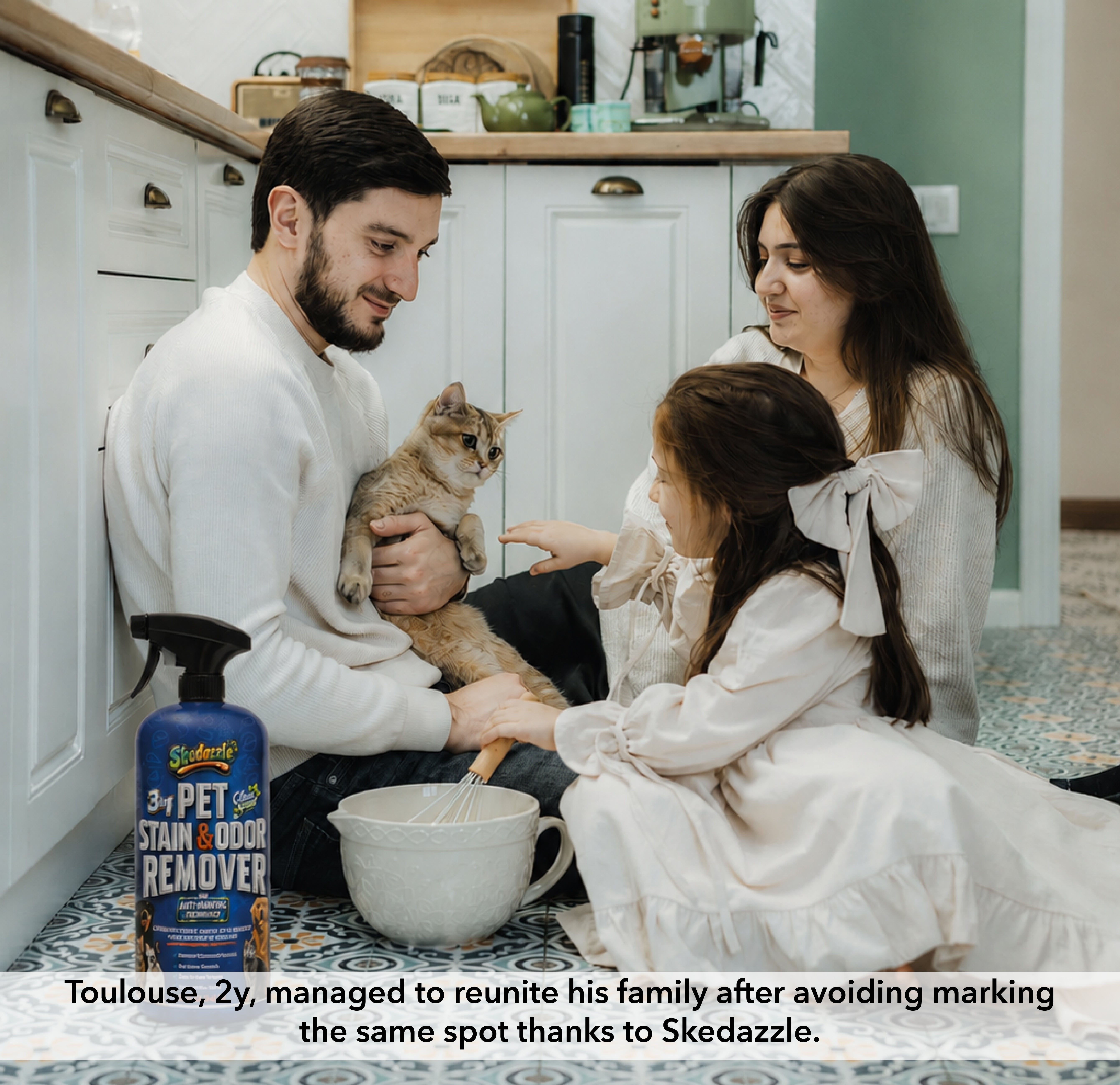 Family enjoying time together at home with their pet