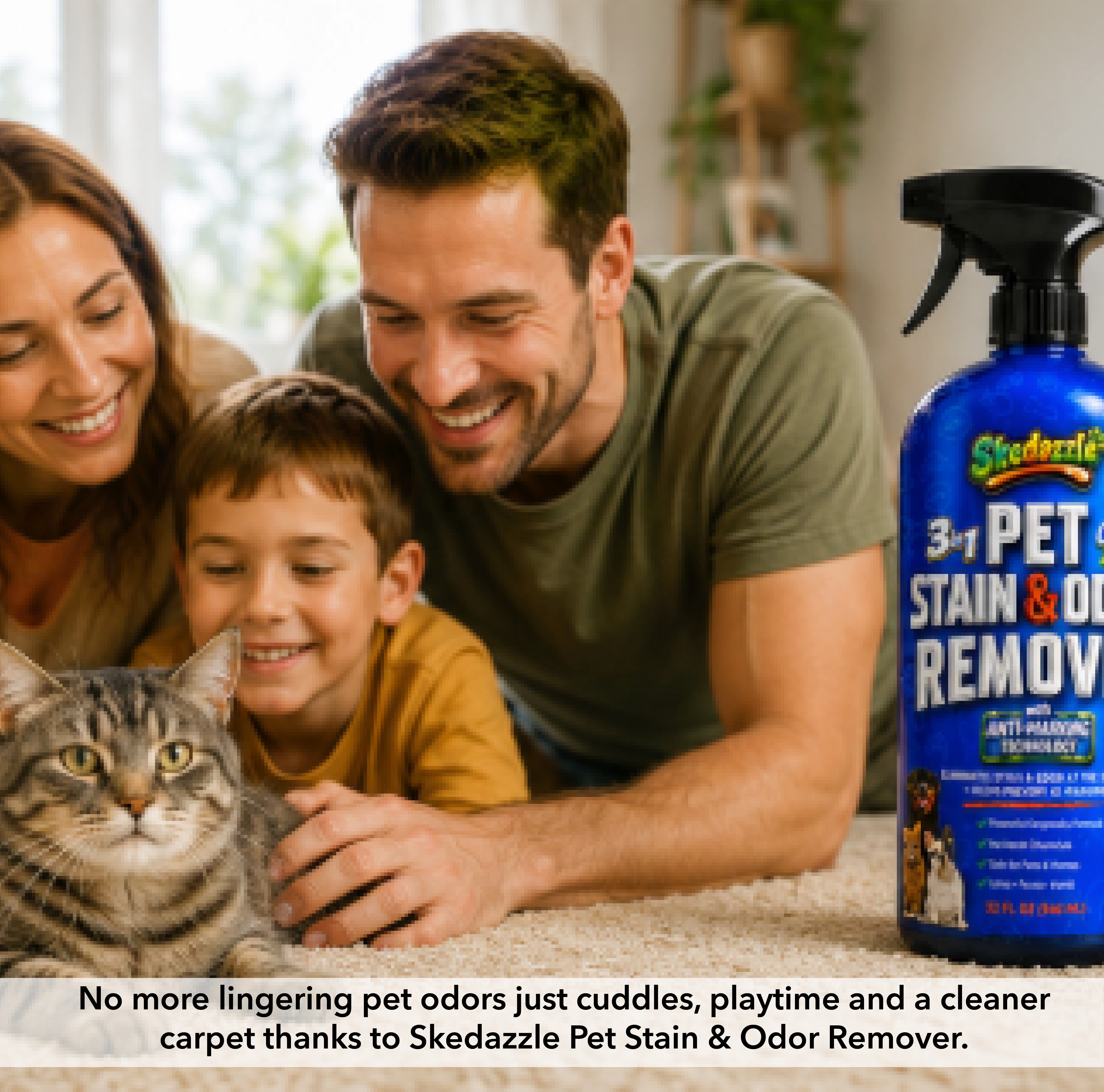 Family enjoying time together at home with their pet