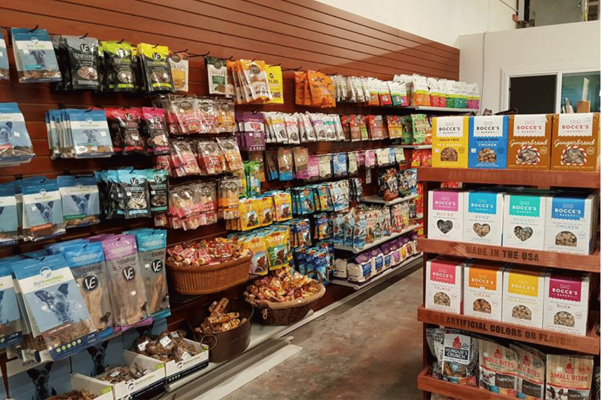 Pet retail store shelves stocked with pet products