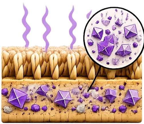 Odor rising from uric acid crystals reactivated by moisture beneath carpet