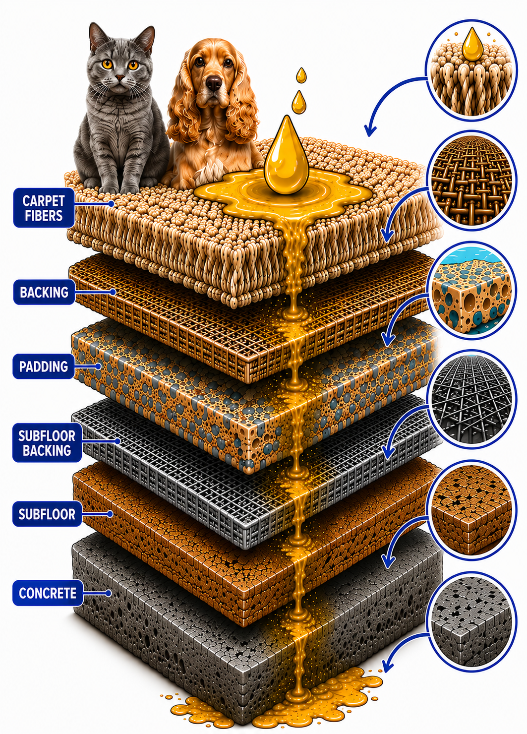 Diagram showing pets above carpet while liquid passes through carpet fibers, backing, padding, subfloor backing, subfloor, and concrete